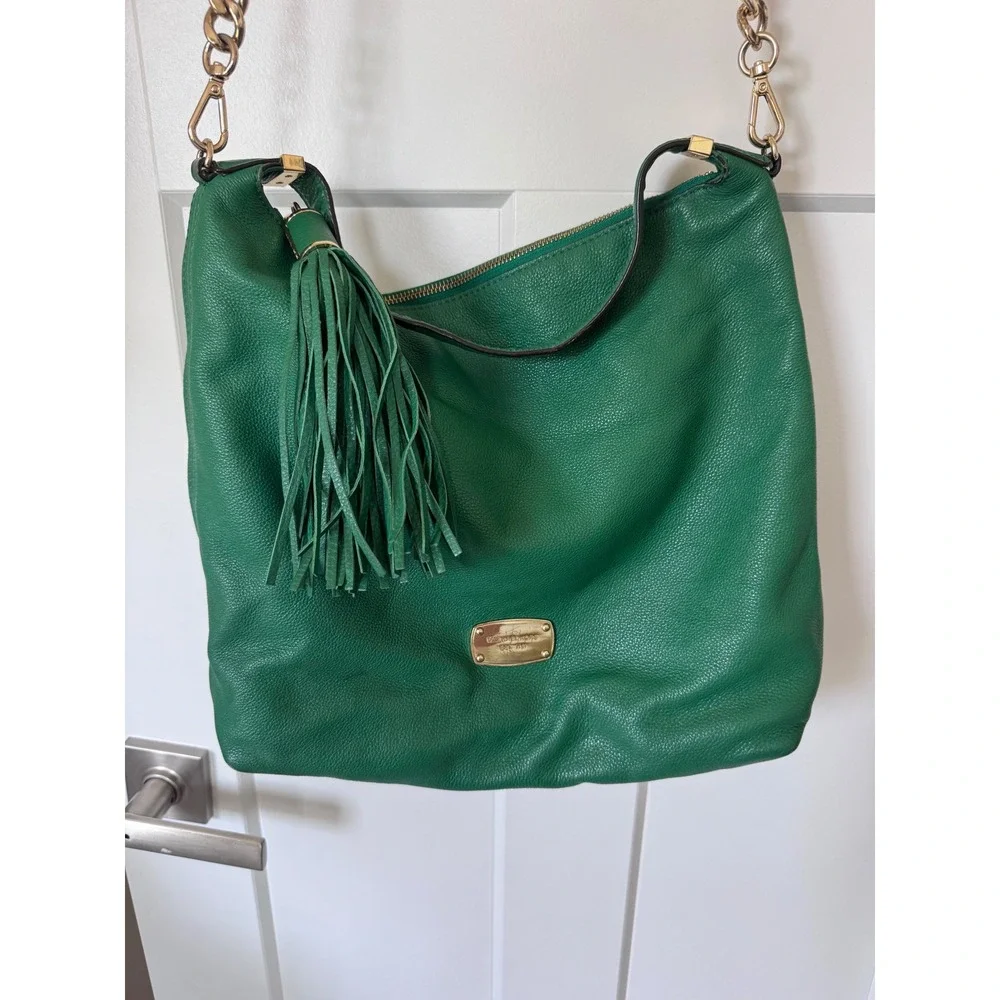 Michael Kors Green Pebbled Leather Hobo Bag Gold Chain Tassel Shoulder Bag